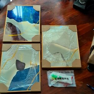 Abstract Blue Golden Foil Wall Art Set * 3 Pieces * Deer * 16"X12"  Luxury Decor